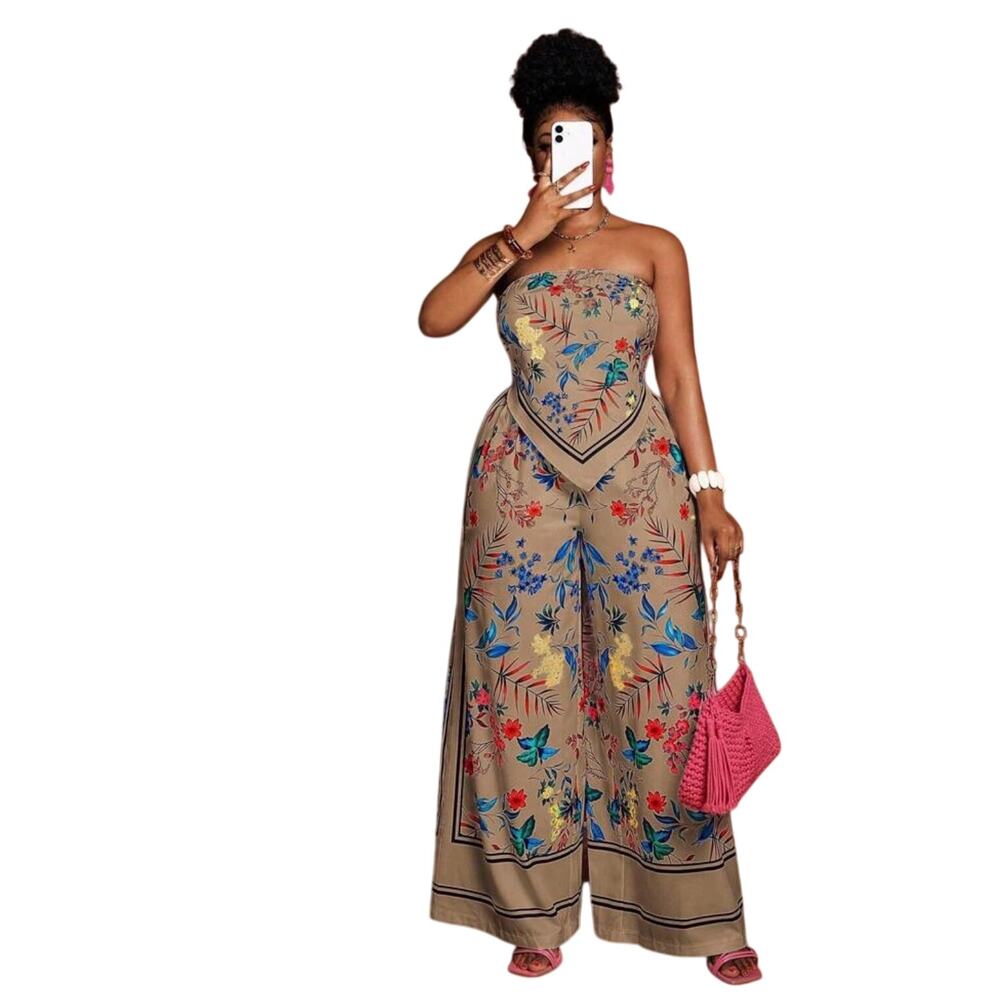 SHEIN Maweii Beige Tropical Print Set - Asymmetric Hanky Hem Top & Pants 16 (2X)